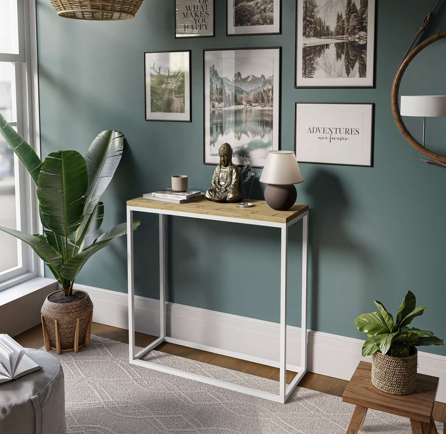 wąska konsola do przedpokoju biała rama